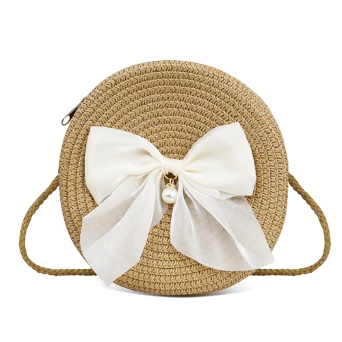 Women Straw Crossbody Bag, Cute Summer Beach Bags with Pearl Bow, Round Woven Purse Straw Shoulder Bag for Travel