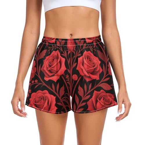 EtherSpher Gothic Red Roses Womens Athletic Shorts Elastic Waisted Girls Athletic Sweat Shorts for Running Yoga Sports Beach Short para Mujer L