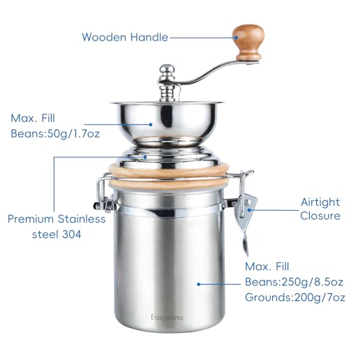 Easyworkz Manual Coffee Grinder - Customisable Settings, Airtight Canister - Coffee Bean Mill Tool for Kitchen, Hand Crank Coffee Grinder - Image 2