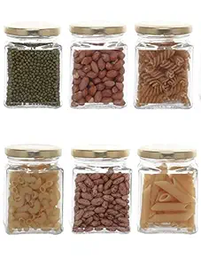 iGlassify 250 ml Glass Jars | Transparent | Square Shape | Golden Lid | Air Tight | Kitchen Organizer | Square Jar | Storage container for Cakes Jam Pickle Tea Coffee Chutney (Set of 6)