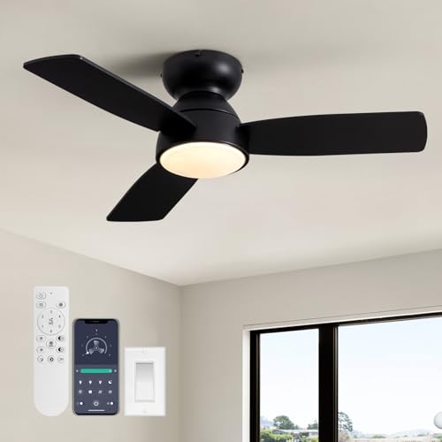 MOOONICHE 32" Ceiling Fan with Light and Remote, Small Quiet Low Profile Fandelier, Flush Mount Fan Lights with Memory Function, 3CCT, Dimmable, Reversible 6-Speeds, Timable Ceiling Fixtures-Black