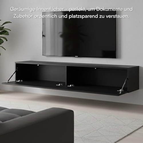 Selsey TV Schrank Board Sideboard Fernsehtisch Fernsehschrank 175 cm Hängend Gefräste Front Schwarz Veldio