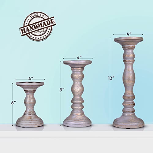 Large Candle Holders for Pillar Candles - Rustic Farmhouse Style Home Decor - Perfect for Table Centerpieces, Coffee Table or Fireplace Mantel - 3 Piece Set - Grey