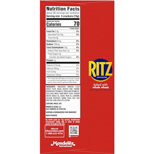 Image of RITZ Whole Wheat Crackers, Snacks for Kids and Adults, Bulk Lunch Snacks, Family Size, 6-19.3 oz Boxes