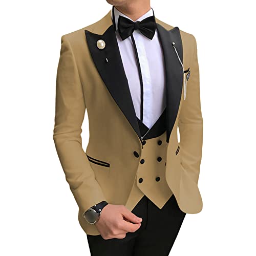 Men's Slim Fit 3 Piece Suit Set Peaked Lapel One Button Tuxedo Suits Solid Party Dinner Jacket Vest & Pants Sets (Light Brown,2X-Small)
