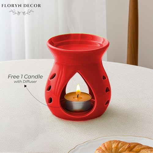 Image of Floryn Decor Ceramic Diffuser with Free 1 Tealight Candles | Home Fragrance, Spa, Office & Yoga | Aromatherapy Gift Set 1 (Red)