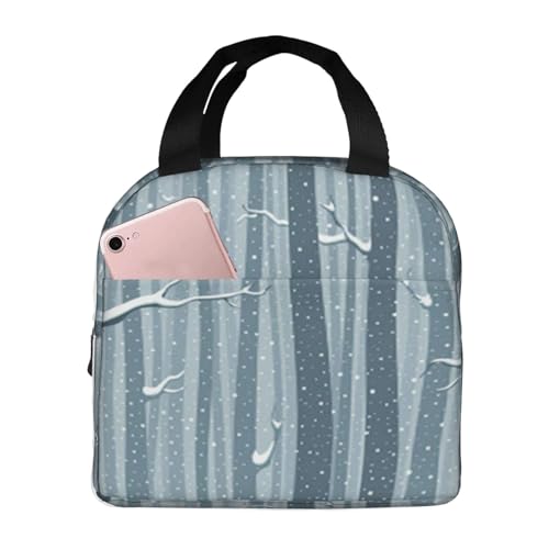 断熱ランチバッグ 大容量 防水 熱漏れ防止 スタイリッシュで丈夫 仕事、学校、アウトドア活動に便利 男女兼用 (青い雪の冬の森の森の枝の木の白樺)