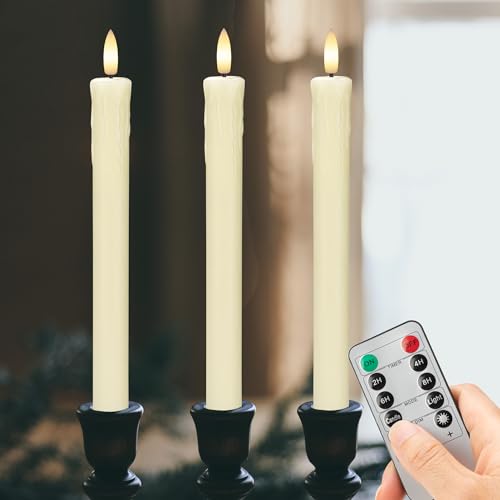 Image of Dripless Flameless Taper Candles with Rmote, 9.6 inch Real Wax Battery Operated Candles with 3D Wick, 3 Pack Led Candle Flickering Candlesticks for Home, Wedding, Party, Ivory
