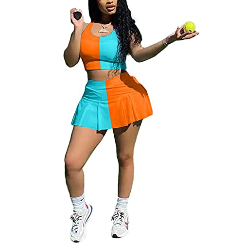 2 Piece Skirt Sets for Women - Sport Tank Crop Top Pleated Skirt with Athletic Shorts Tennis Activewear A-Orange L