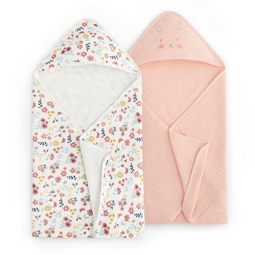 Image of david's kids 2 Pack Hooded Baby Towels, Large 32 inchx32 inch, 6 Layer 100% Muslin Cotton Highly Absorbent Girl Bath Towel for Newborn, Infant, Toddler, Soft and Breathable Baby Essentials, Floral & Butterfly