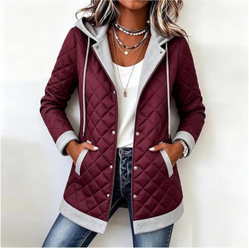 Quilted Jacket for Women Warm Mid Length Button Quilted Coat with Hood - image 5