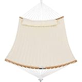 Patio Watcher 11 Feet Quilted Fabric Hammock with Curved-Bar Bamboo and Detachable Pillow, Double Hammock Perfect forOutside Outdoor Patio Yard Beach, White