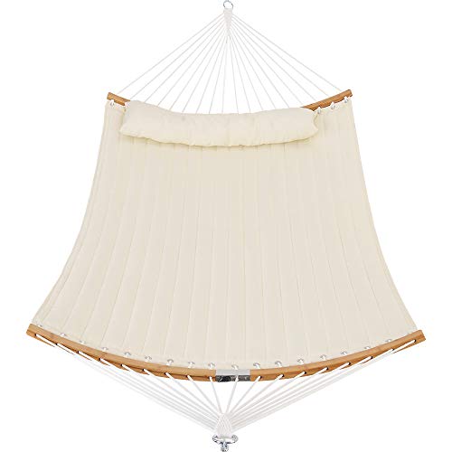 Patio Watcher 11 Feet Quilted Fabric Hammock with Curved-Bar Bamboo and Detachable Pillow, Double Hammock Perfect forOutside Outdoor Patio Yard Beach, White