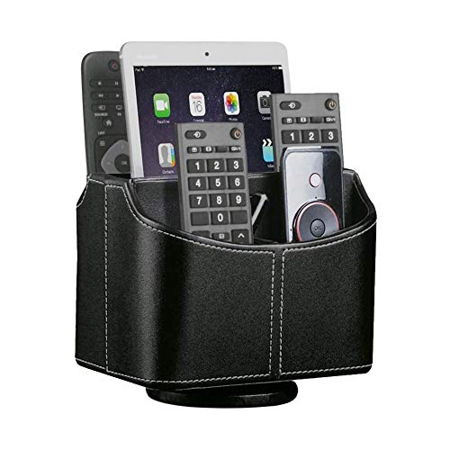 Rotatable Remote Control Holder 360 Degrees Spinning Desk Organizer, 5 Compartments PU Leather Coffee Table Caddy Basket for Remotes Controllers TV Guide Mail Electronics Tablet Media Storage, Black