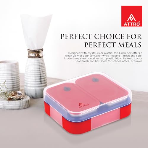 Image of ATTRO Admire 2 Insulated Lunch Box | 2 Removable Stainless Steel Containers with Lids | BPA-Free, Food Grade, Leak-Proof| Ideal for School, Office & Outdoor Use| 800ml, Cherry Red