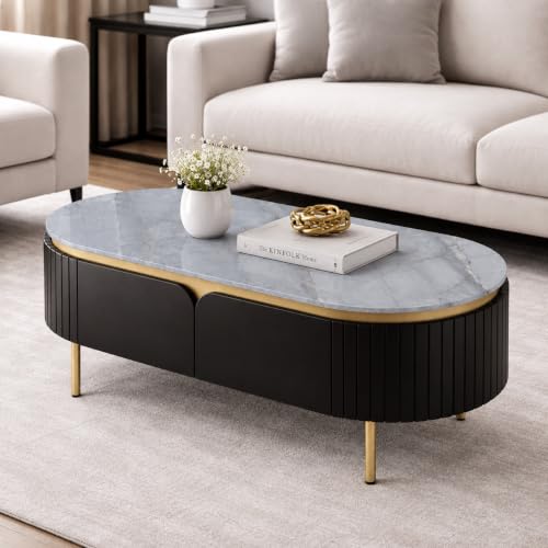 Image of The Attic Carlston Coffee Table for Living Room, Solid Wood Centre Table with Ceramic Top, Black Matte Finish, Oval Shape with Gold Accent