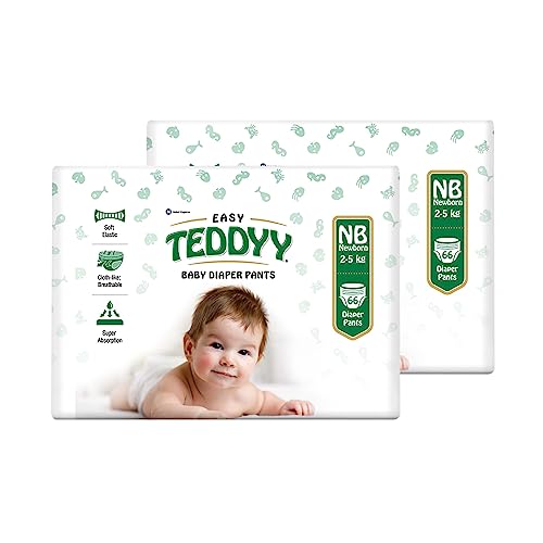 Image of TEDDYY Easy Baby NB Size Diaper Pant Style | 132 Count (New Born) | Upto 5 kgs (Pack of 2) | Long Protection Hours | Anti-Bacterial | Airy Breathable Fit | Rapid Soaker Channels with Wetness Indicator