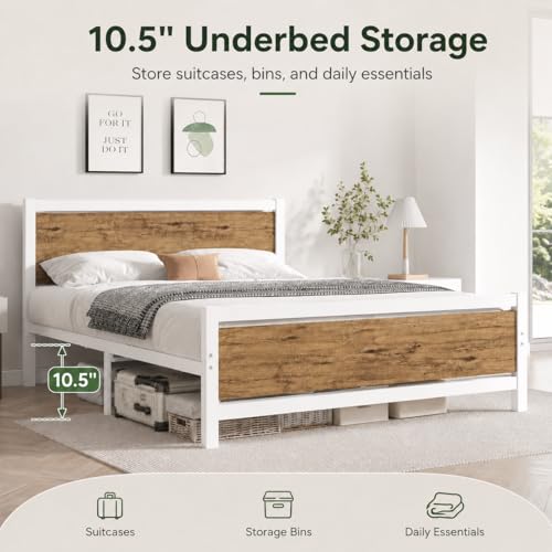 Image of Catrimown Full Size Bed Frame with Headboard, Full Metal Platform Bed Frame with Steel Slat Support, 10.5 in Under Bed Storage, No Box Spring Needed, Easy Assembly, White Brown