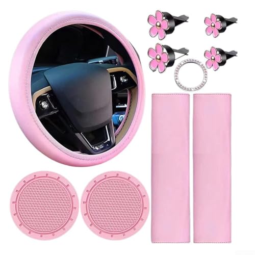 Set completo da 10 pezzi per interni auto, include coprivolante, coperture per cinture di sicurezza e clip per bocchetta dell'aria per un aggiornamento elegante (rosa)
