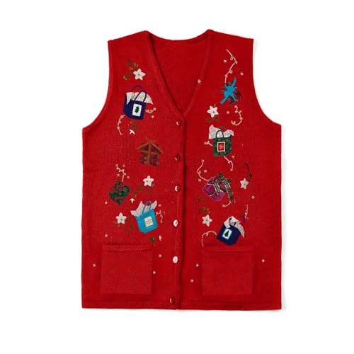 Image of Women Christmas Knit Vest Top Santa Embroidery Sleeveless Button Down Sweater Vest Xmas Snowman Cardigans Tank Top