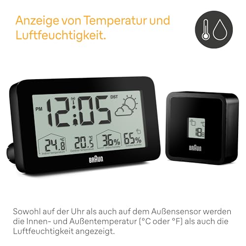 Braun Digitale Wetterstationsfunkuhr für die mitteleuropäische Zeitzone (DCF) mit Anzeige von Innen- und Außentemperatur, Luftfeuchtigkeit, Vorhersage, Alarm-Piepton in schwarz, Modell BC13BP-DCF.