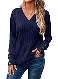 Dokotoo Blouses for Women Dressy Casual V Neck Knit Long Sleeve Shirts Soft Elastic Blouses Solid Button Detail Sweaters Fall Clothes for Women 2025 Blue Medium