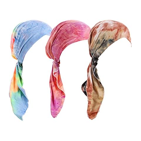 DINPREY Pre Tied Wide Head Scarf for Women Long Turban Head Wraps Headbands Cancer Chemo Bandana Headscarf Hat Cap (Tie Dye 3 PCS I) Cover