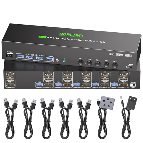 Image of KVM Switch 3 Monitors 5 Computers HDMI + DisplayPort, 8K@30Hz /4k@144Hz Three Monitor KVM Switcher, Triple Monitor KVM for 5 PC, Widely Used in Education, Scientific Research, and AI Office