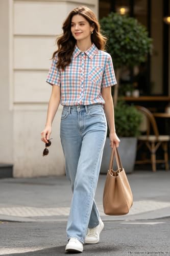 Image of SANGTREE Girls Women Plaid Shirt Short Sleeve Button Down Summer Blouses