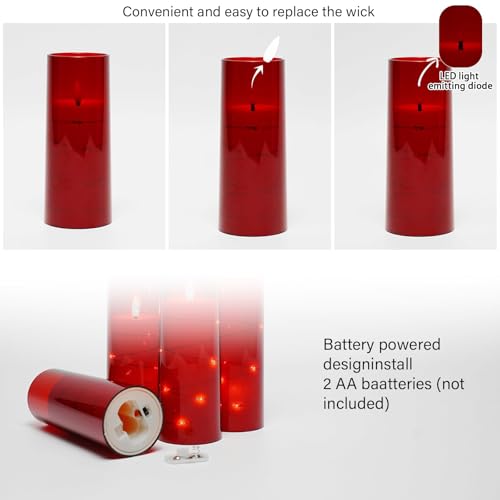 Image of Red Flameless LED Candles | 9 Pc Set with Timer | 5 inch, 6 inch, 7 inch - 3 Each Size | Embedded Star String Lights | Acrylic Shell | Battery Operated | Romantic Ambiance & Home Decor