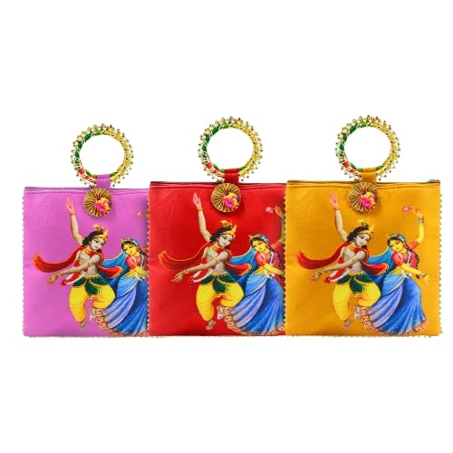 Image of Women Potli Bags Pack of 3| Gifting Potli with Zip & Bangle Handle | Traditional Shagun Return Gifts Potli for Mehandi, Haldi, Baby Shower, Wedding, Sangeet (Radha Krishna)