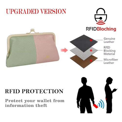 RFID Contrast Women's Clutch Purse, Genuine Cow Leather Wallet with Kiss Lock, Multi-card Slots Card Holder 1868 (Green Pink)3