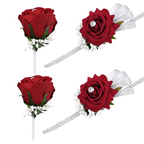 FAYBOX Wedding Prom Velvet Rose Rhinestone Corsage and Boutonniere Set With Silvery Ribbon Stretch Bracelet (Red2)