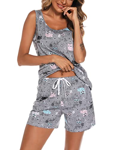 ENJOYNIGHT Women's Pajamas Set Sleeveless Tank Top and Shorts Sleepwear Set Summer 2 Piece PJS with Drawstring & Pockets2