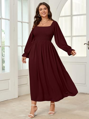 Women's Plus Size Maxi Dress Long Sleeve Square Neck Smocked Flowy A-Line Boho Wedding Party Maxi Dress2