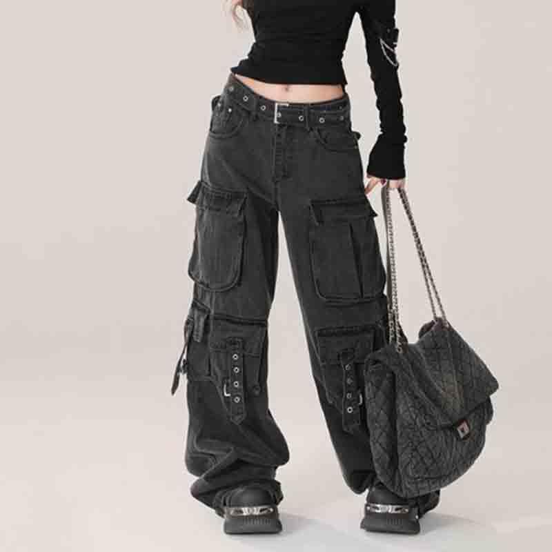 BXCNCKD Women's Retro Washed Workwear Jeans, Multi Pocket Street Loose Wide Leg Jeans, Y2K Jeans3