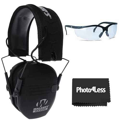 Walker's Razor Slim Ultra Low Profile Compact Design Adjustable Hearing Protection Electronic Earmuffs - Black, Bundle Game Ear Sport Glasses - Clear Lens.