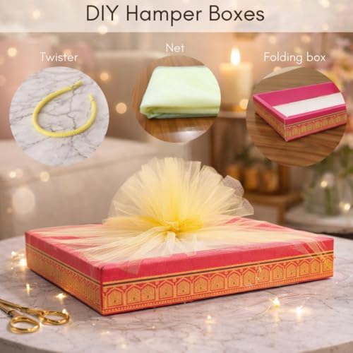 Image of SATYAM KRAFT 6 Pcs Multipurpose Decorative Folding Gift Box | Premium Paper Tray with Net for Wedding Return Gifts, Shaadi /Marriage, Anniversary, Hampers, Festive Gift Packaging (Dark Pink)