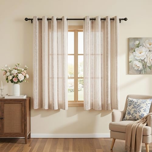 Image of MYSKY HOME Taupe Striped Curtains 63 Inches Long Tan Linen Blended Curtains for Bedroom Ticking Stripe Farmhouse Rustic Light Filtering Window Drapes, Grommet, 2 Panels, 52 inch Wide