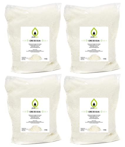 Purespa | 4 kg de Cire de soja Naturelle et écologique | Cire Premium en Flocons pour la Fabrication de Bougies en contenants | Point de Fusion Bas 46-48° (4 Sachets de 1 KG) Offre limitée