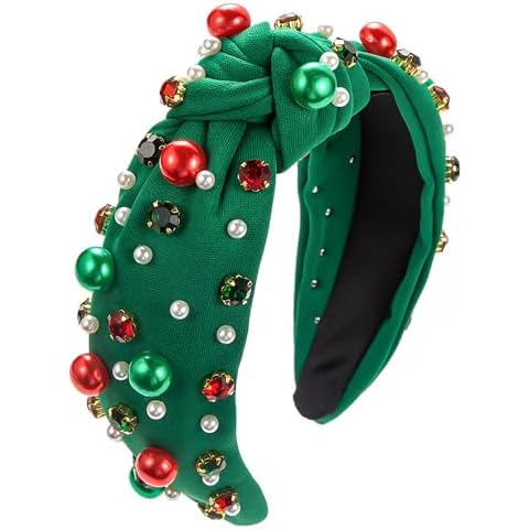 TULOBI Christmas Headband for Women Xmas Crystal Pearl Headbands Wide Top Knot Hair Bands Christmas Holiday Outfits Gifts Hair Accessories - Green Cover