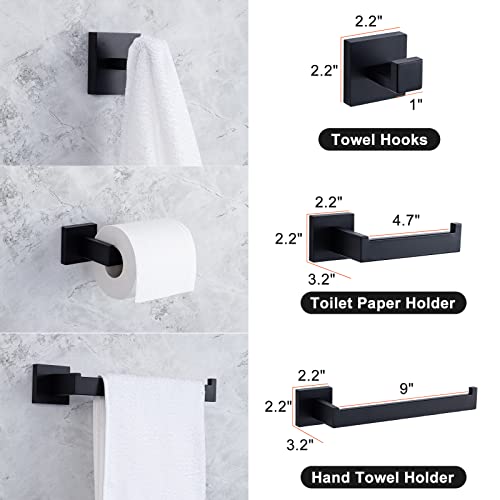 Taucent Bathroom Hardware Set,5 Piece Matte Black Towel Bar Set 304 Stainless Steel Square Wall Mounted Bathroom Holder Includes 23.6" Hand Towel Bar Rack,Toilet Paper Holder, 2 Robe Towel Hooks #TOP2