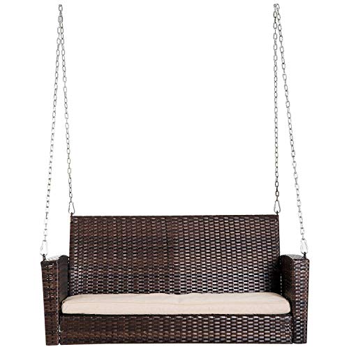 Image of Carry Bird Rattan Wicker Two Seater Swings with Cushion, Brown, 120x60x60 cm, Garden Porch Hammock for Adults (Beige, 2 Seater Prouch Swing, Leather Brown Prouch Swing)