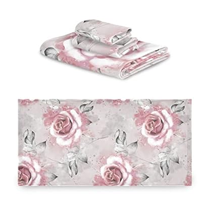 ALAZA Badetücher 3er Set, Mikrofaser Handtuch Badezimmer Leinen Rosa Rose Blumen und Blätter auf Grau Splash Paint Handtücher Set Geschenk mit 1 Gesichtshandtuch 1 Handtuch 1 Badetuch Laken, – Bild 3