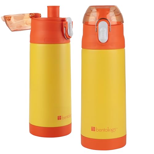 Image of Bentology Stainless Steel 13 Oz Reusable Water Bottle for Kids, Yellow | Double Wall Insulated, Spill Proof Lid W /Built-in Straw- Keep Liquids Hot or Cold- Easily Fits in Lunch Boxes & Bags