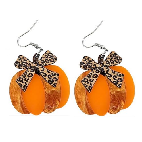 Fall Pumpkin Leopard Print Bow Dangle Drop Statement Earrings for Women Acrylic Bowknot Ribbon Autumn Thanksgiving Hook Hoop Earring Cute Jewelry Gifts Halloween Festival