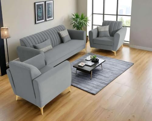 Image of MS Luxury FURNITRE Premium Luster 3-1-1 Sofa Set | Velvet Suede Fabric | 5 Colors and Golden Legs & Striped Pattern Cushion (Grey, 3+1+1)