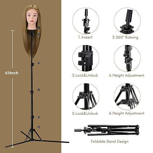 Frisierkopf mit Übungskopf ständer,71cm 60% Frisierkopf Echthaar,Puppenkopf zum Frisieren,Trainingsköpfe für Friseure Ausbildung Kopf Mit Halter + DIY Haare Set(Blond)