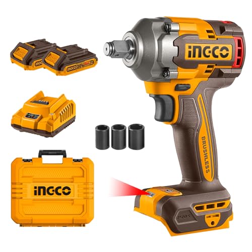 Image of Ingco 20V Cordless Impact Wrench 1 /2 Inch 400NM, Brushless Motor, Nut-Busting Torque 550Nm, 20V Battery Impact Gun, LED Work Light with 2 Pcs 2.0Ah Battery Pack And Charger, Packed by Carrying Case