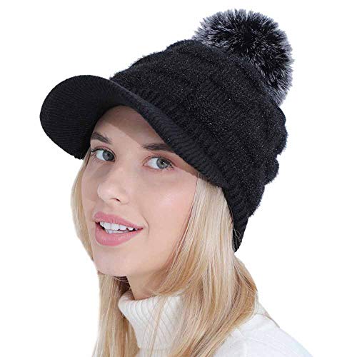 GUMONI Wintermütze Damen Dick Warme Fleece Gefüttert Schirmmütze Kunstpelz Pompon Gestrickte Mütze Strickmütze Bommelmütze Schwarz Cover